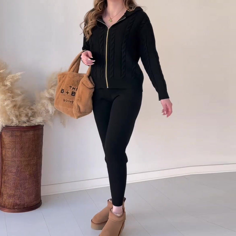 Knitted Set with Textured Zip-Up Jacket and Elastic Waist Joggers
