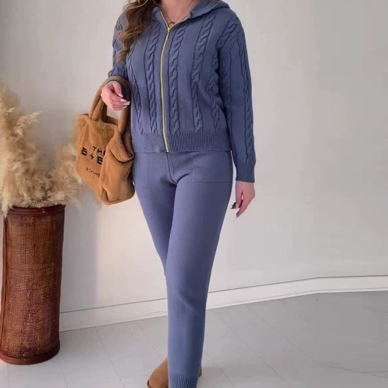 Knitted Set with Textured Zip-Up Jacket and Elastic Waist Joggers