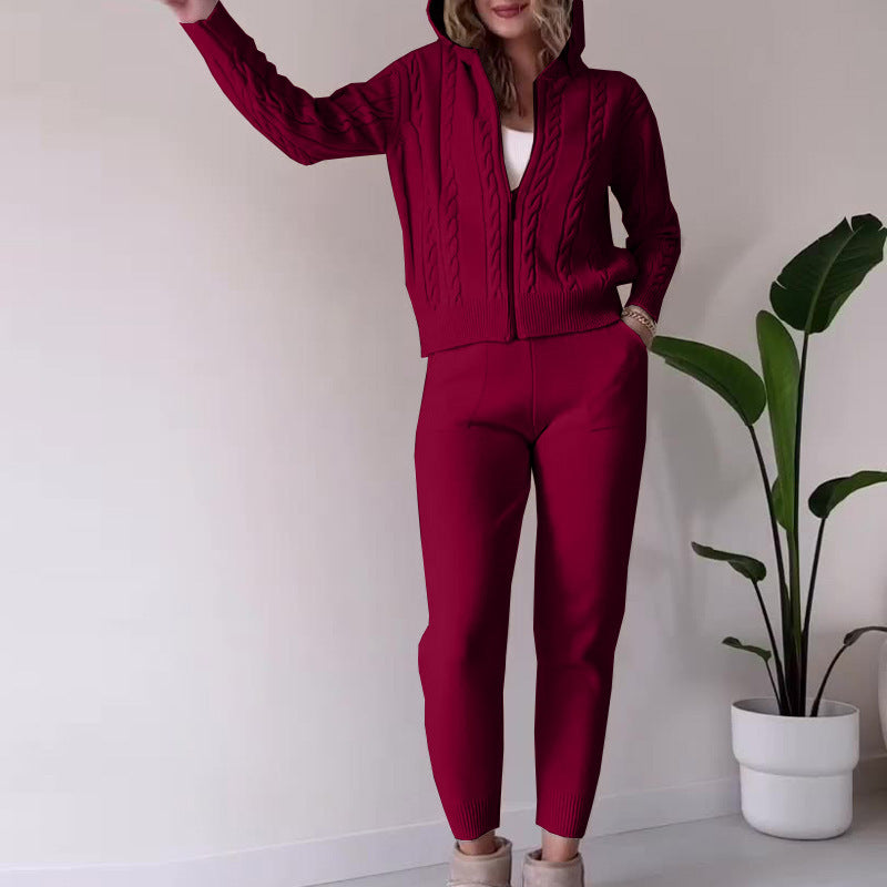 Knitted Set with Textured Zip-Up Jacket and Elastic Waist Joggers