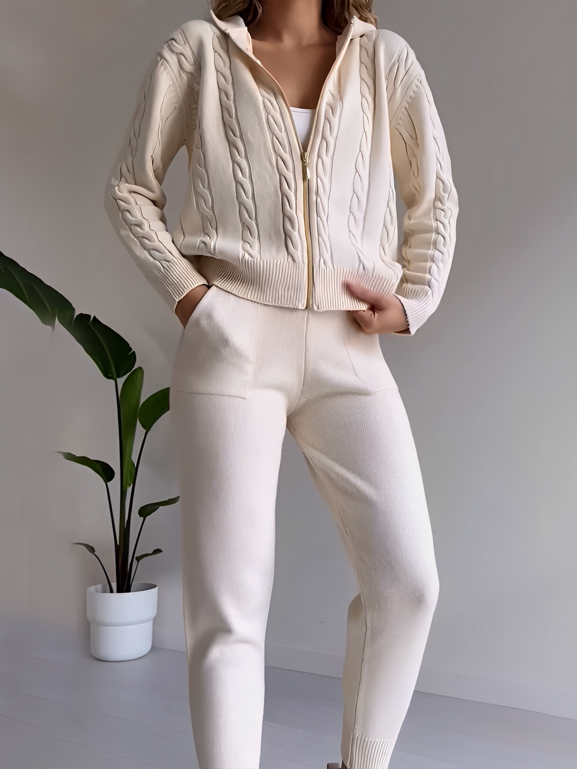 Knitted Set with Textured Zip-Up Jacket and Elastic Waist Joggers