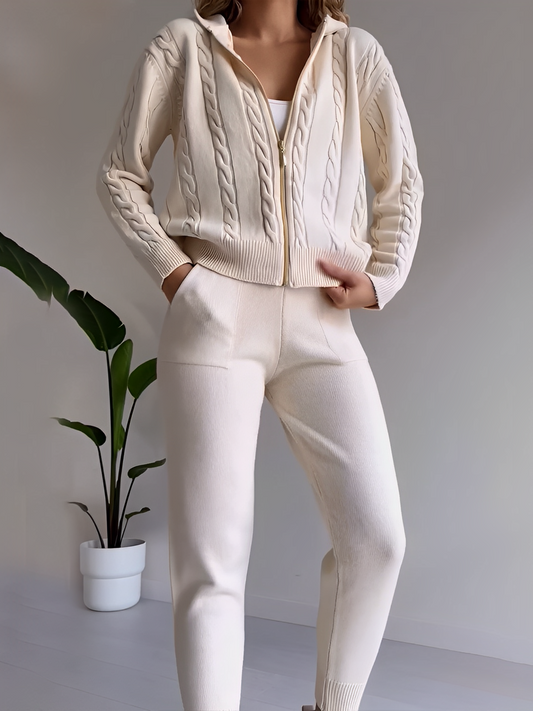 Knitted Set with Textured Zip-Up Jacket and Elastic Waist Joggers