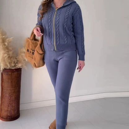 Knitted Set with Textured Zip-Up Jacket and Elastic Waist Joggers